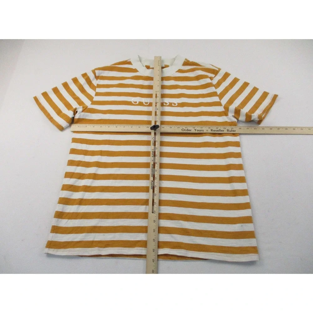 Guess Shirt Mens Medium Mustard Yellow Striped Originals Embroidered Logo Tee - Picture 6 of 10